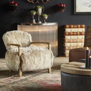 GORMAN FURNITURE Luxury Sheep Wool Lamb Fur Living Room Accent Chairs Solid Wood Frame Leisure Armrest Living Room Sofa Chairs