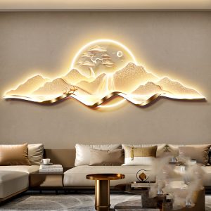 Modern Home Hotel Living Room Decor HD Print Crystal Porcelain Golden Mountain Landscape Led Light Luminous Wall Art Painting