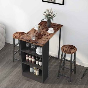 Modern 3-Piece Pub Bar Table Set Wooden Counter Height Dining Table with 2 Stool Storage Shelves Home Kitchen Home Dining Room